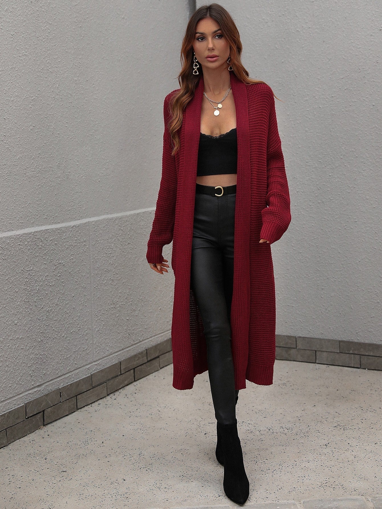 Waffle Knit Open Front Duster Cardigan With Pockets - Aurelia Clothing