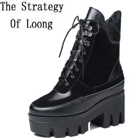 Winter Cow Leather Lace-up Women Chunky Platform Genuine Leather Ankle Boots Spring Autumn Real Leather Short Boots - Free Shipping - Aurelia Clothing