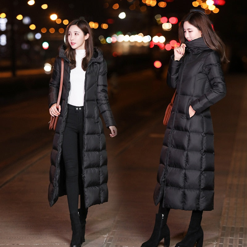 Winter Jackets Women Coat Female Slim Parka Over-Knee Cotton Padded Korea Hooded Warm Manteau Femme Hiver Black Solid Long Coat - Aurelia Clothing