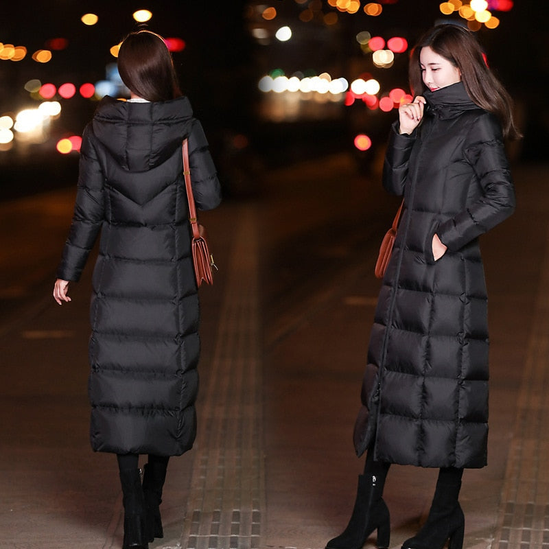 Winter Jackets Women Coat Female Slim Parka Over-Knee Cotton Padded Korea Hooded Warm Manteau Femme Hiver Black Solid Long Coat - Aurelia Clothing