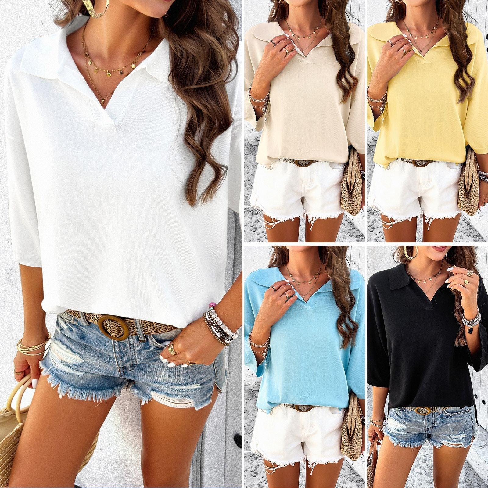 Women's spring and summer temperament solid color lapel loose sweater - Free Shipping - Aurelia Clothing