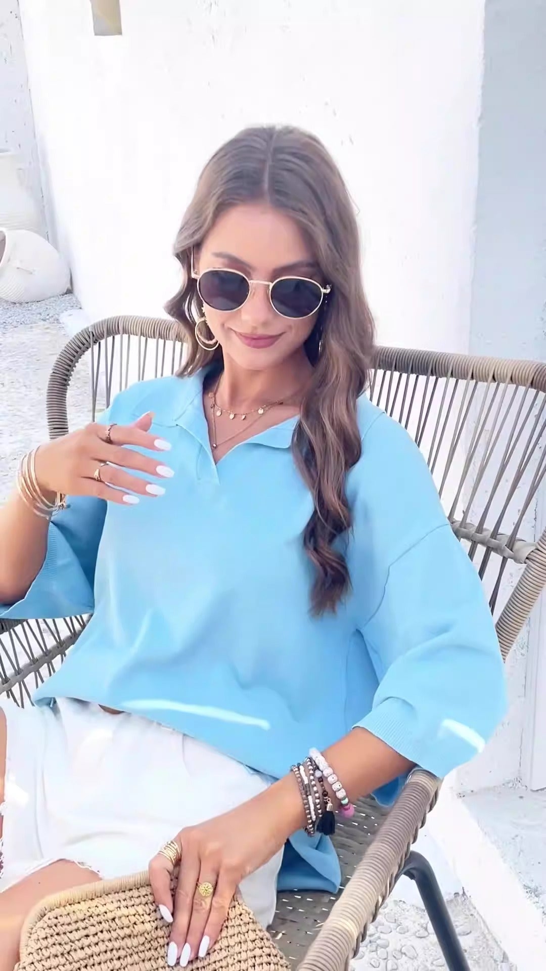Women's spring and summer temperament solid color lapel loose sweater - Free Shipping - Aurelia Clothing
