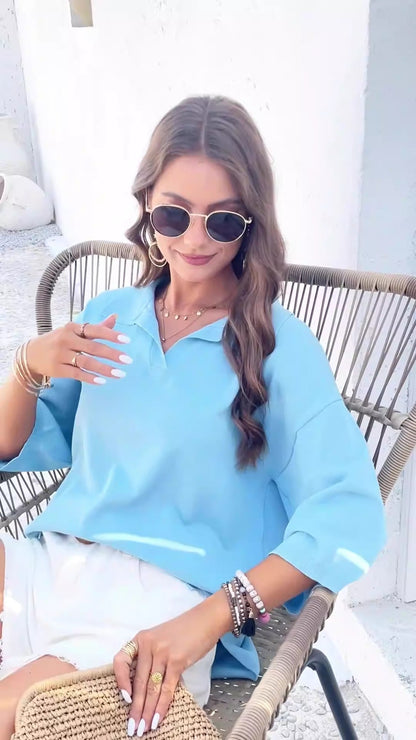 Women's spring and summer temperament solid color lapel loose sweater - Free Shipping - Aurelia Clothing