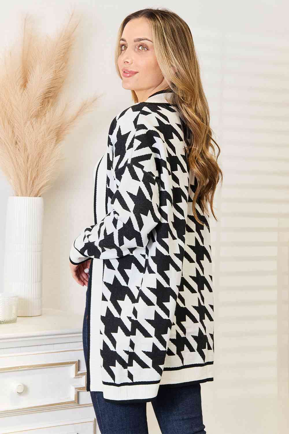 Woven Right Houndstooth Open Front Longline Cardigan - Aurelia Clothing