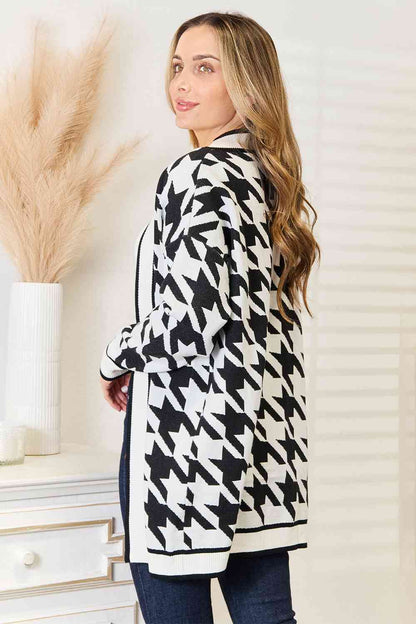 Woven Right Houndstooth Open Front Longline Cardigan - Aurelia Clothing