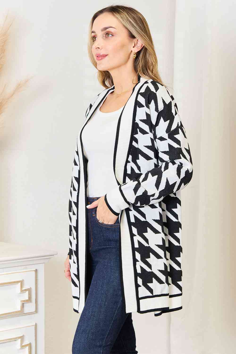 Woven Right Houndstooth Open Front Longline Cardigan - Aurelia Clothing