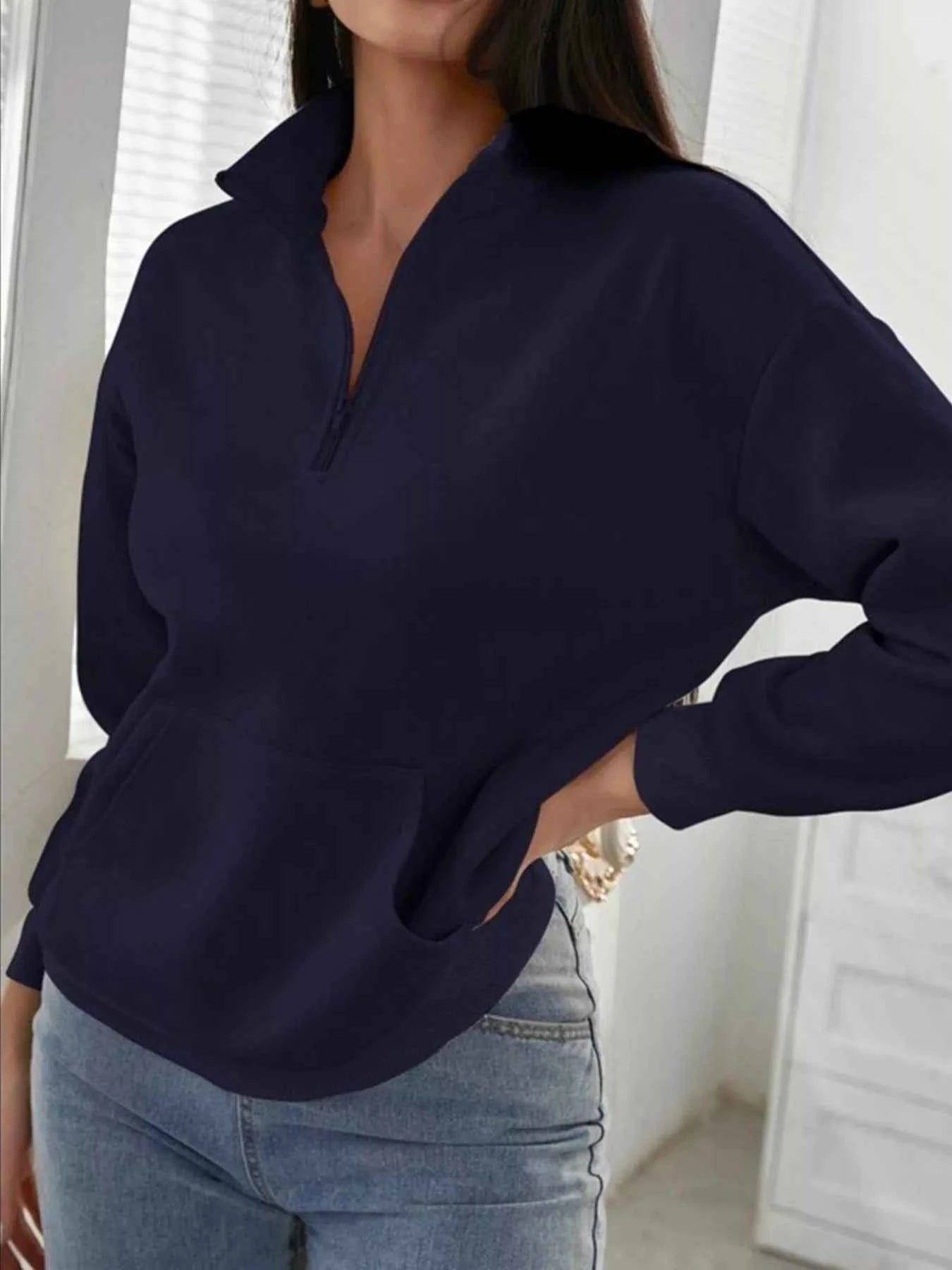 Zip-Up Collar Sweatshirt with Pocket - Free Shipping - Aurelia Clothing