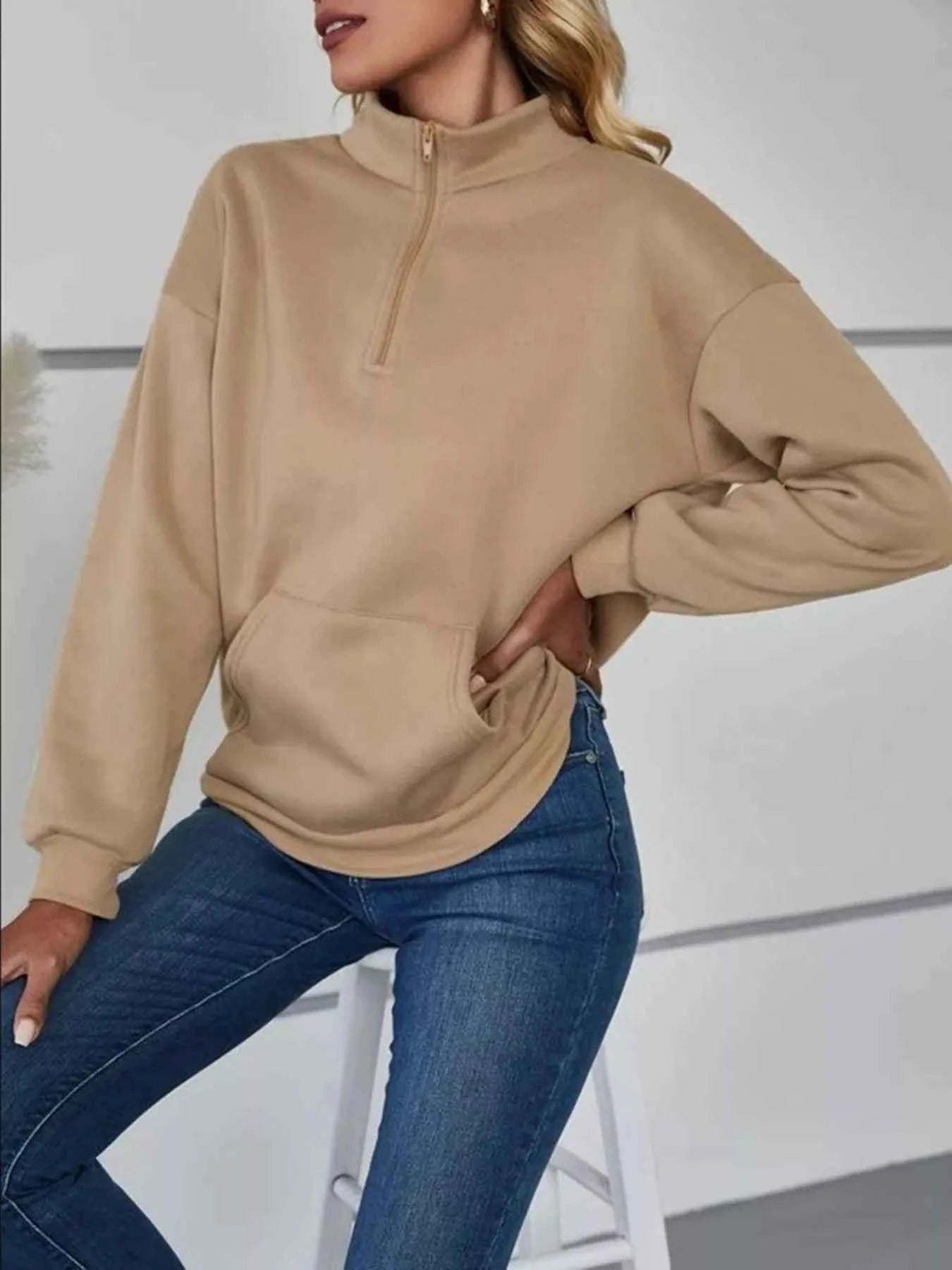 Zip-Up Collar Sweatshirt with Pocket - Free Shipping - Aurelia Clothing