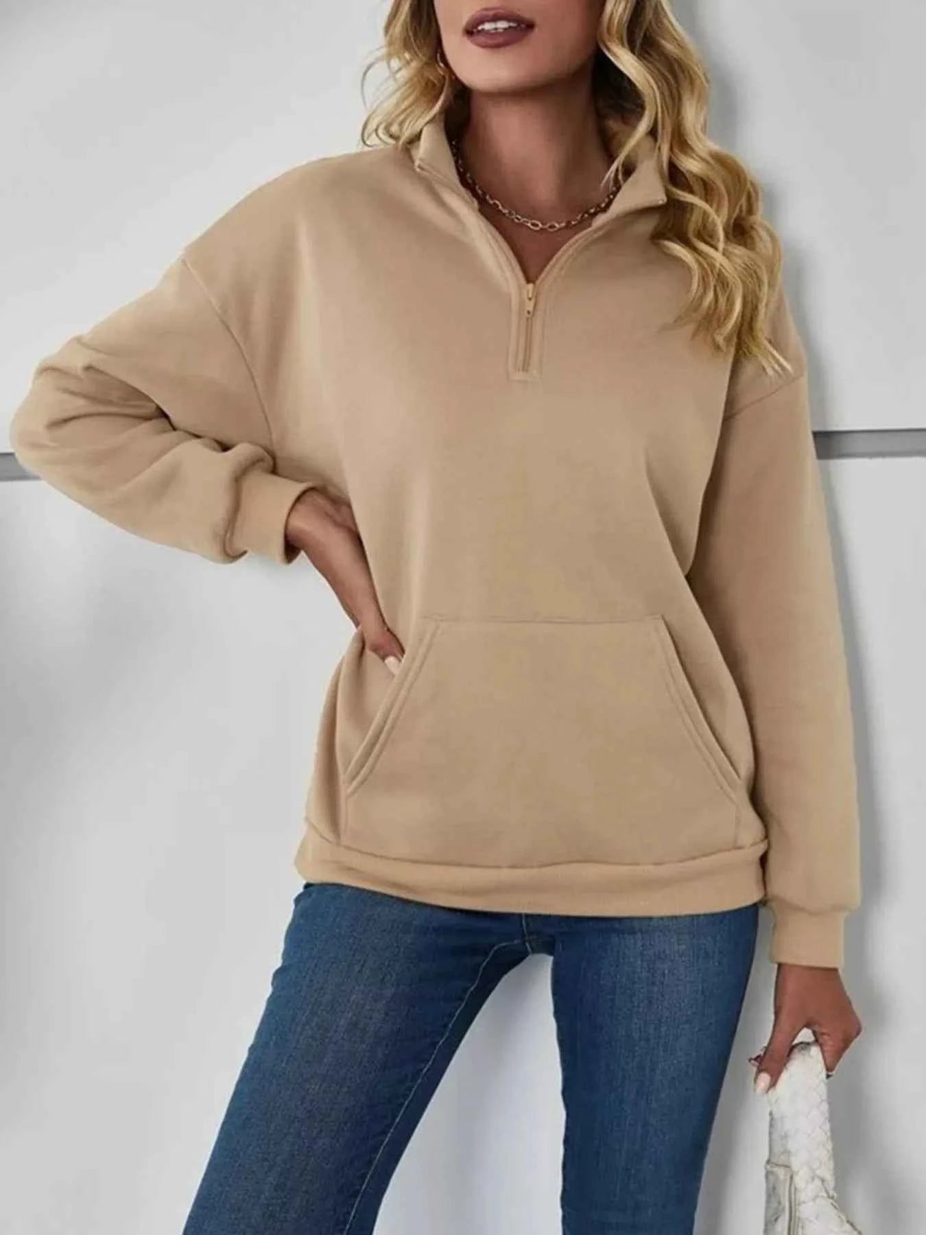 Zip-Up Collar Sweatshirt with Pocket - Free Shipping - Aurelia Clothing