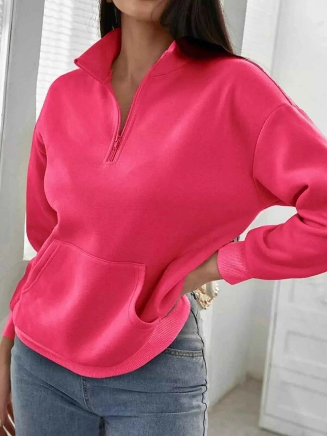 Zip-Up Collar Sweatshirt with Pocket - Free Shipping - Aurelia Clothing