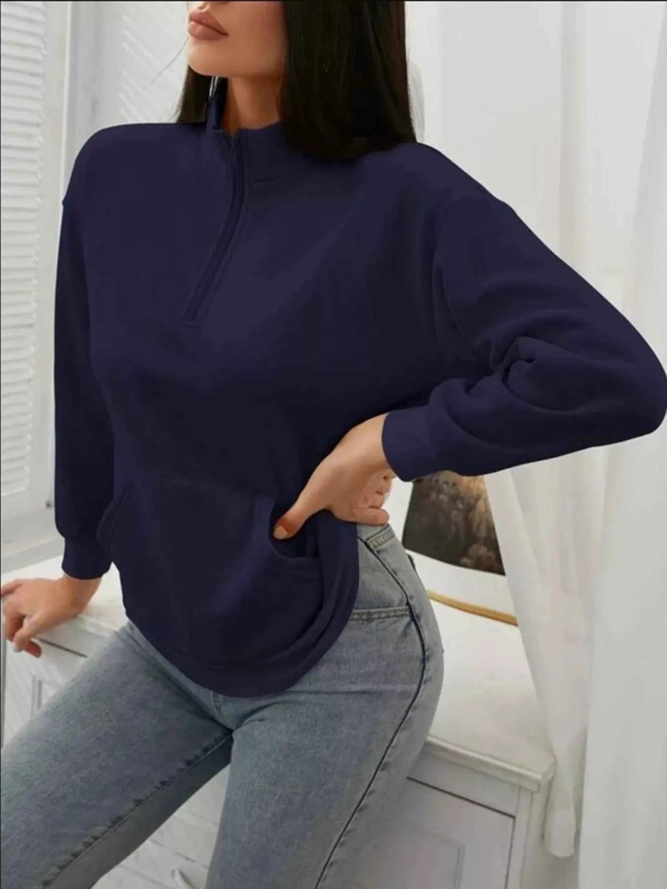 Zip-Up Collar Sweatshirt with Pocket - Free Shipping - Aurelia Clothing