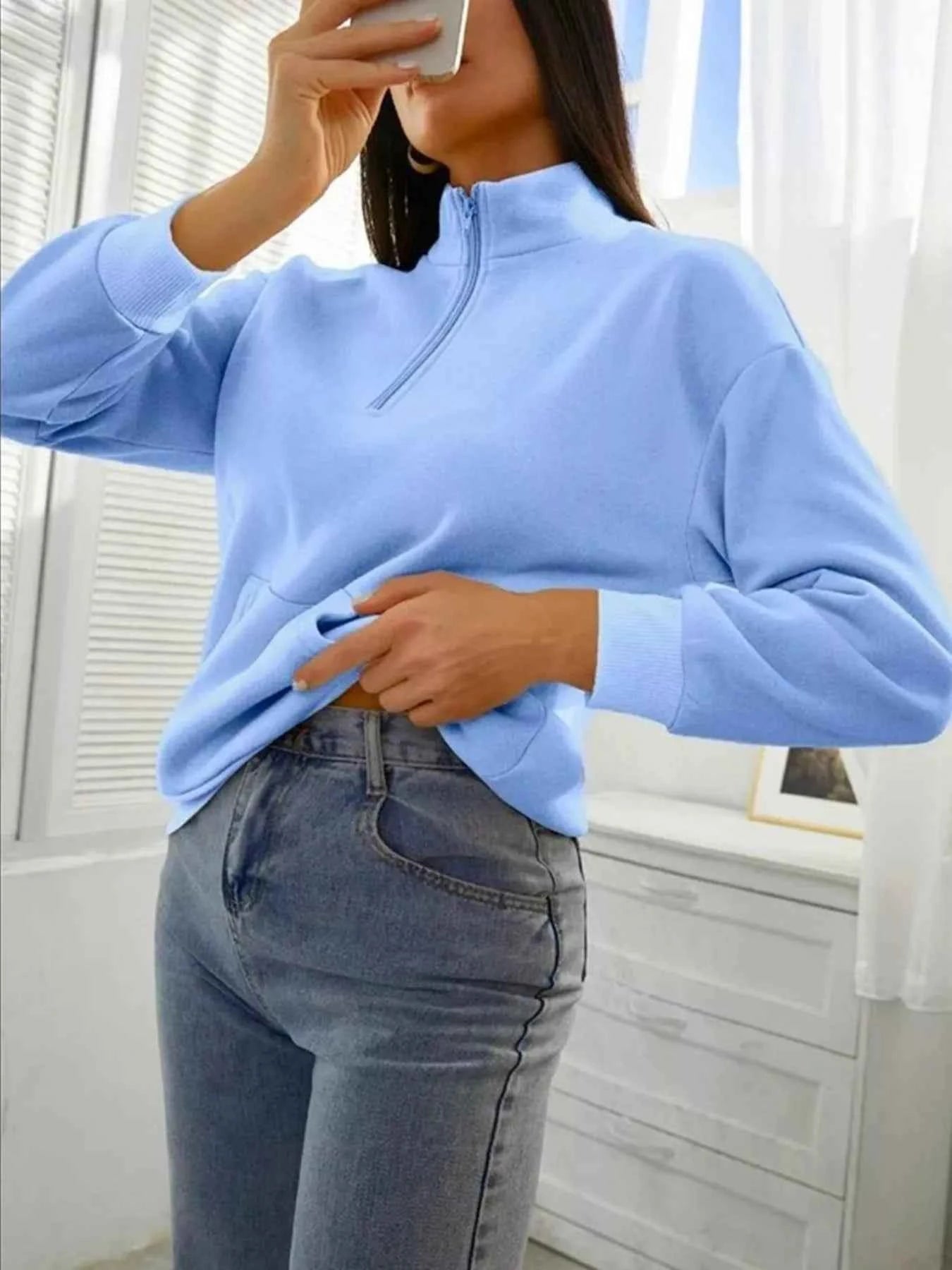 Zip-Up Collar Sweatshirt with Pocket - Free Shipping - Aurelia Clothing