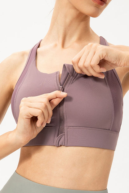 Zip-Up Round Neck Sports Bra - Aurelia Clothing
