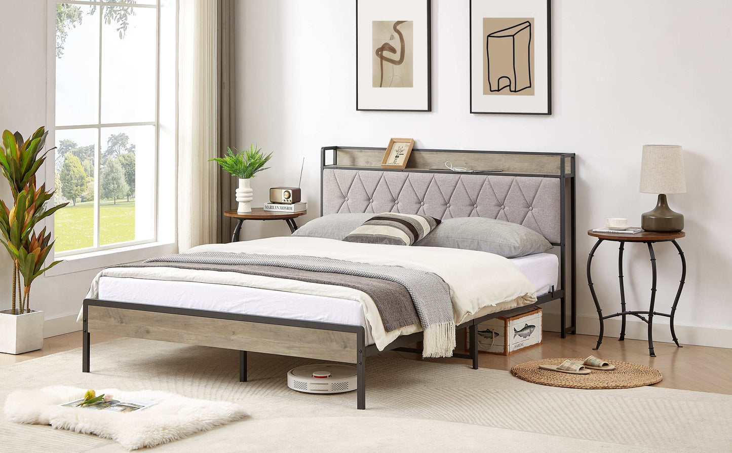 Bed frame with charging station Queen size,Grey, 87.8'' L x 61.8'' W x 39.2'' H. - Free Shipping - Aurelia Clothing