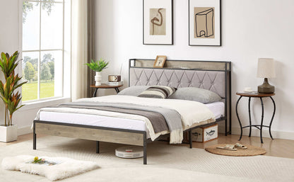 Bed frame with charging station Queen size,Grey, 87.8'' L x 61.8'' W x 39.2'' H. - Free Shipping - Aurelia Clothing