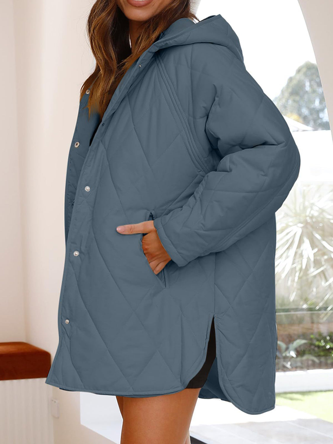 Slit Snap Down Long Sleeve Hooded Jacket - Aurelia Clothing