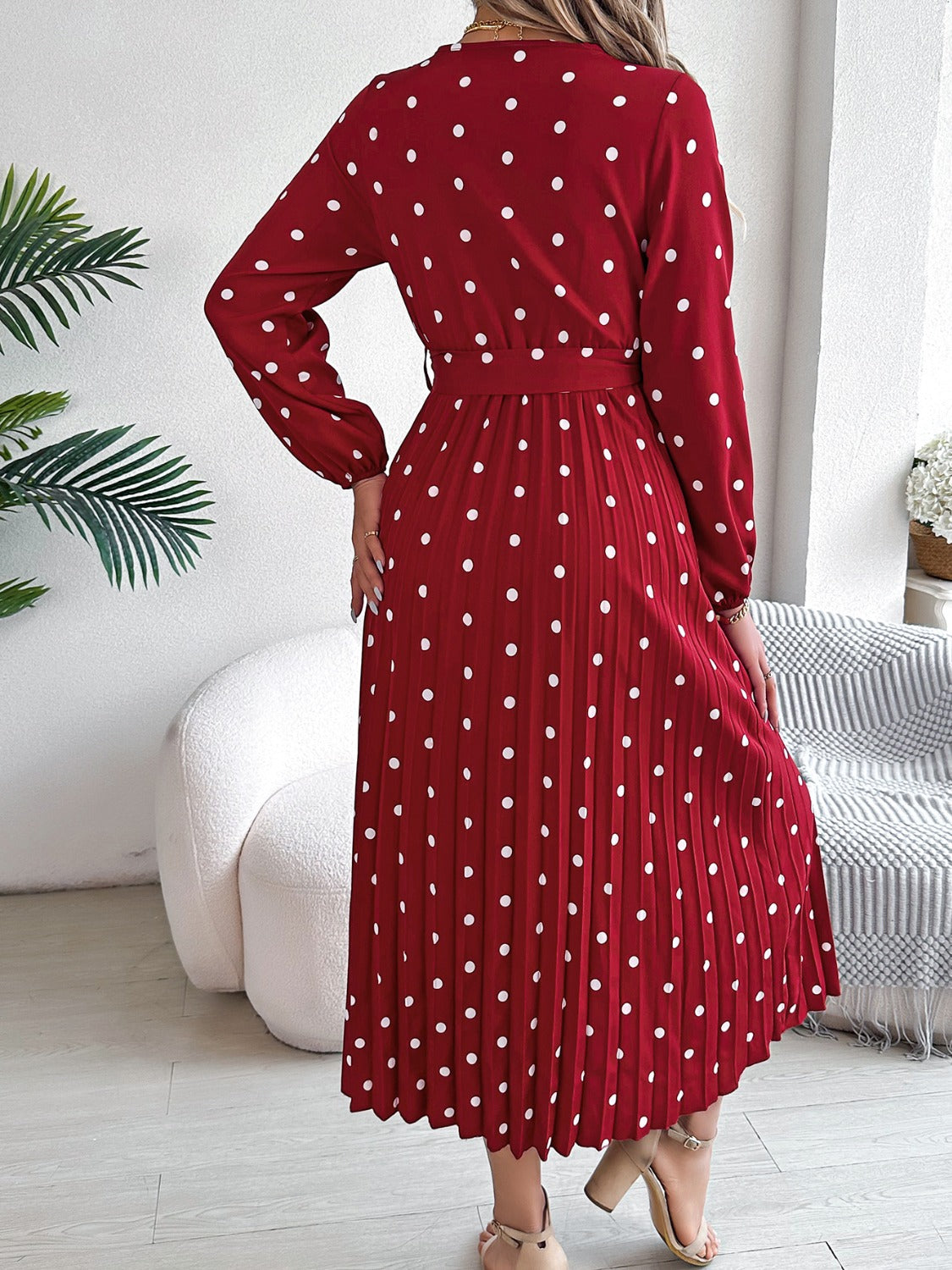 Tied Polka Dot Long Sleeve Midi Dress - Aurelia Clothing