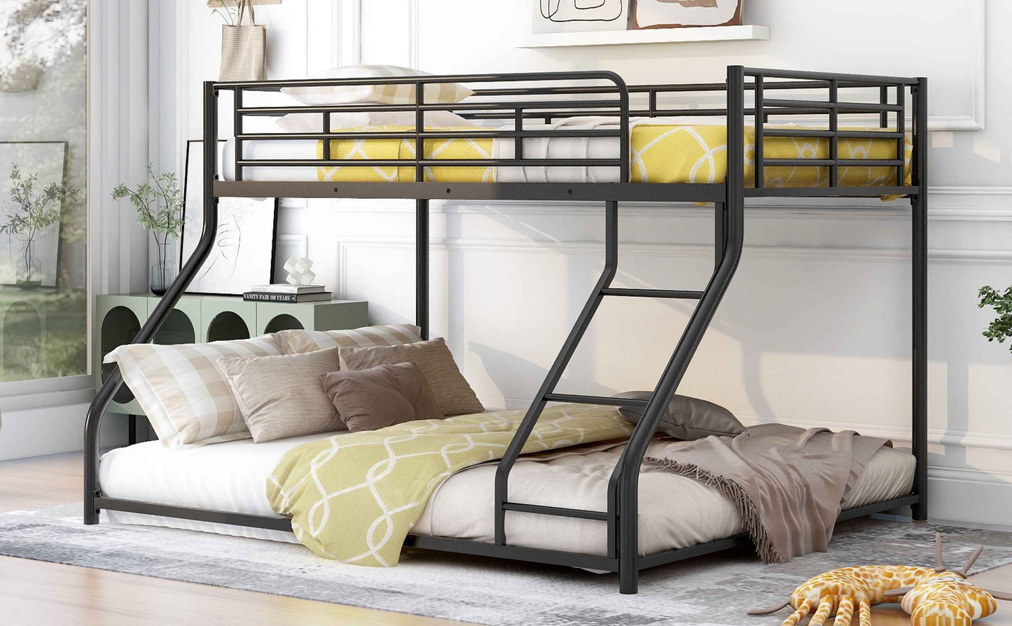 Metal Floor Bunk Bed, Twin XL over Queen, Black-Free Shipping