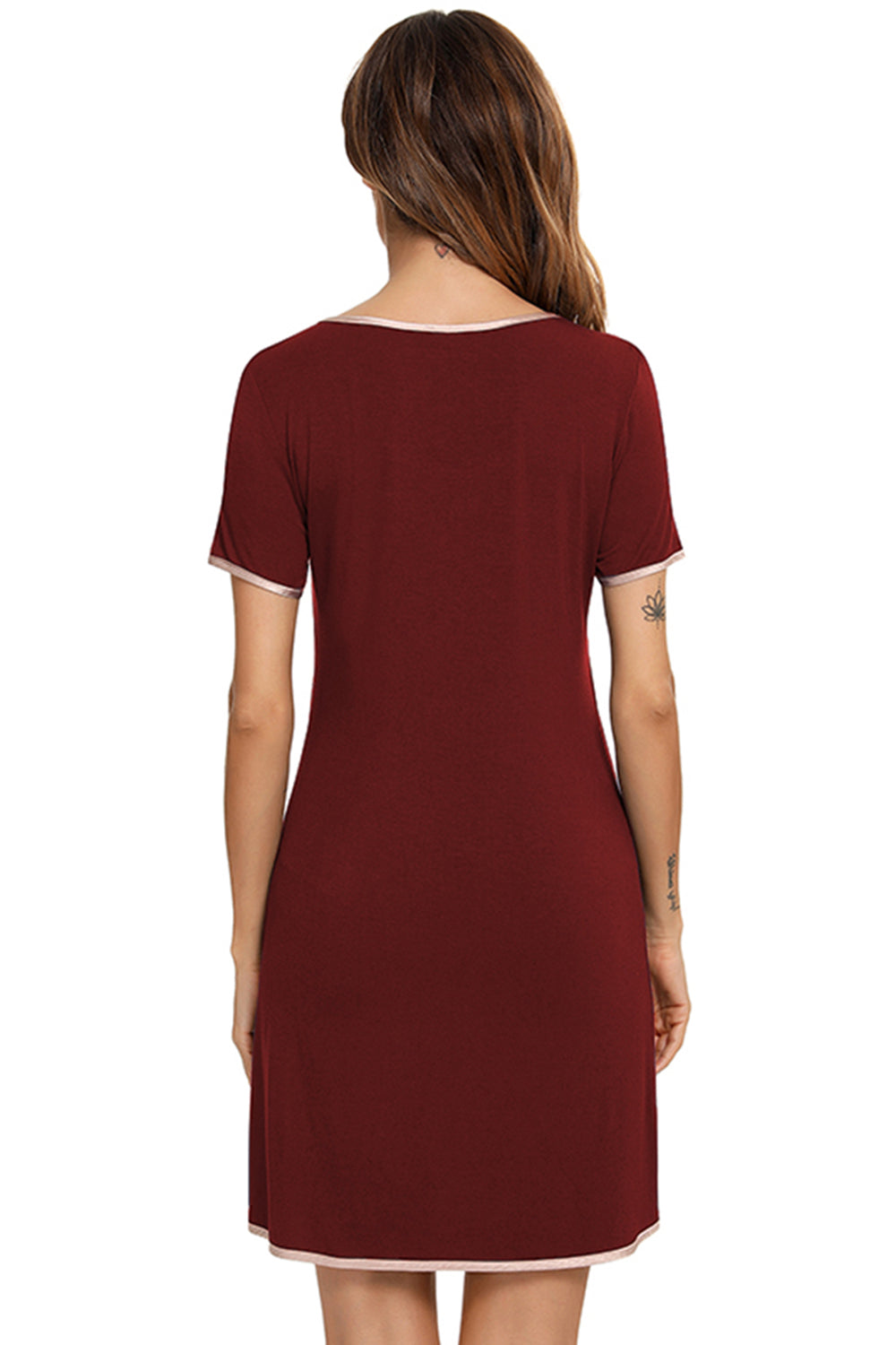 Contrast Trim Pocketed Round Neck Lounge Dress - Aurelia Clothing