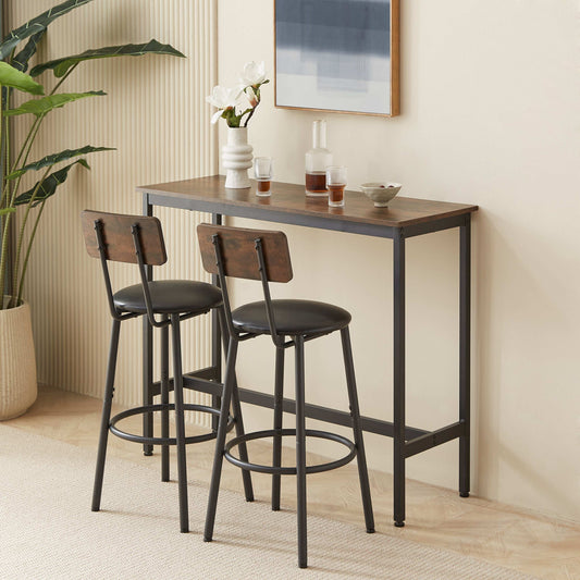Bar Table Set with 2 Bar stools PU Soft seat with backrest, Rustic Brown, 43.31'' L x 15.75'' W x 35.43'' H. - Free Shipping