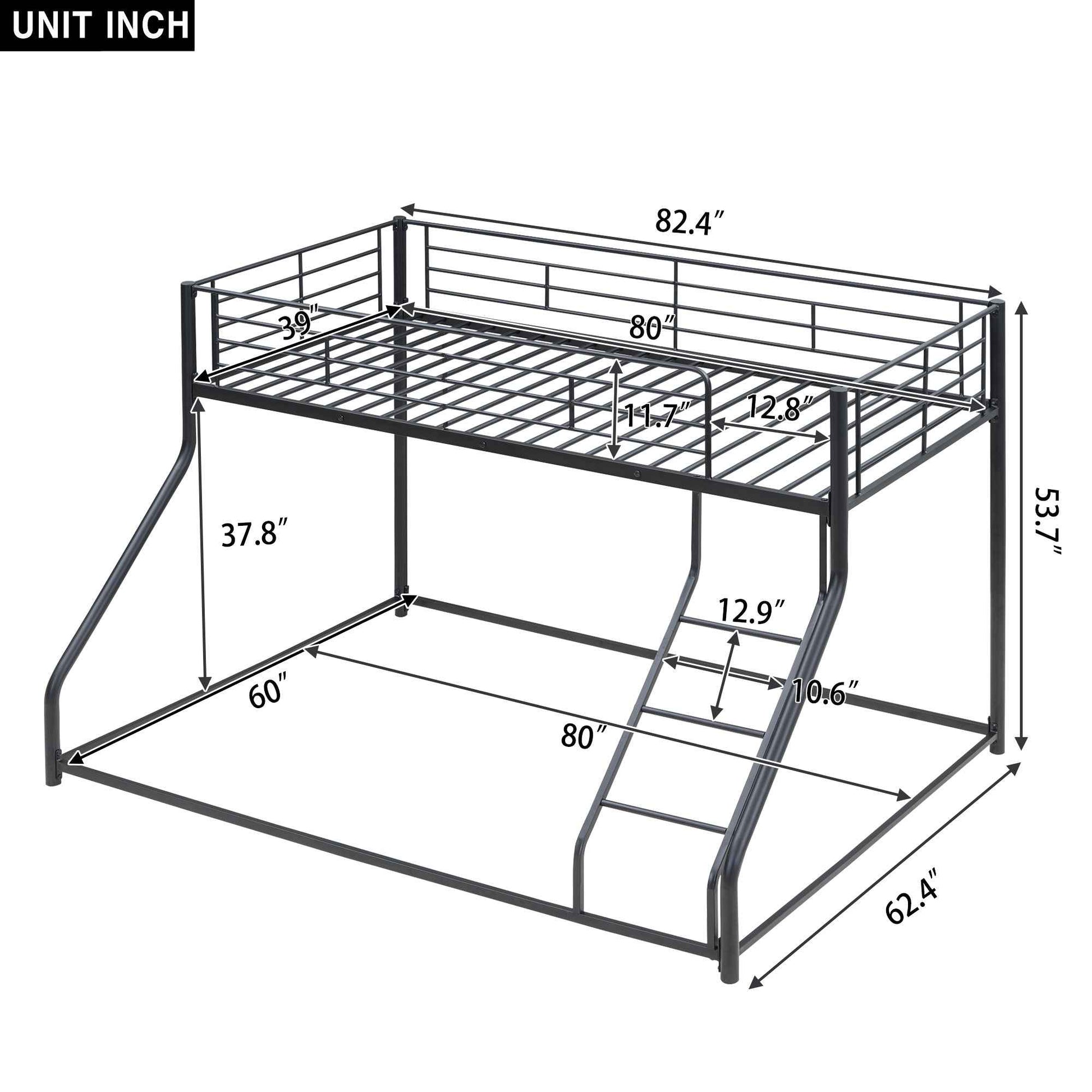 Metal Floor Bunk Bed, Twin XL over Queen, Black-Free Shipping