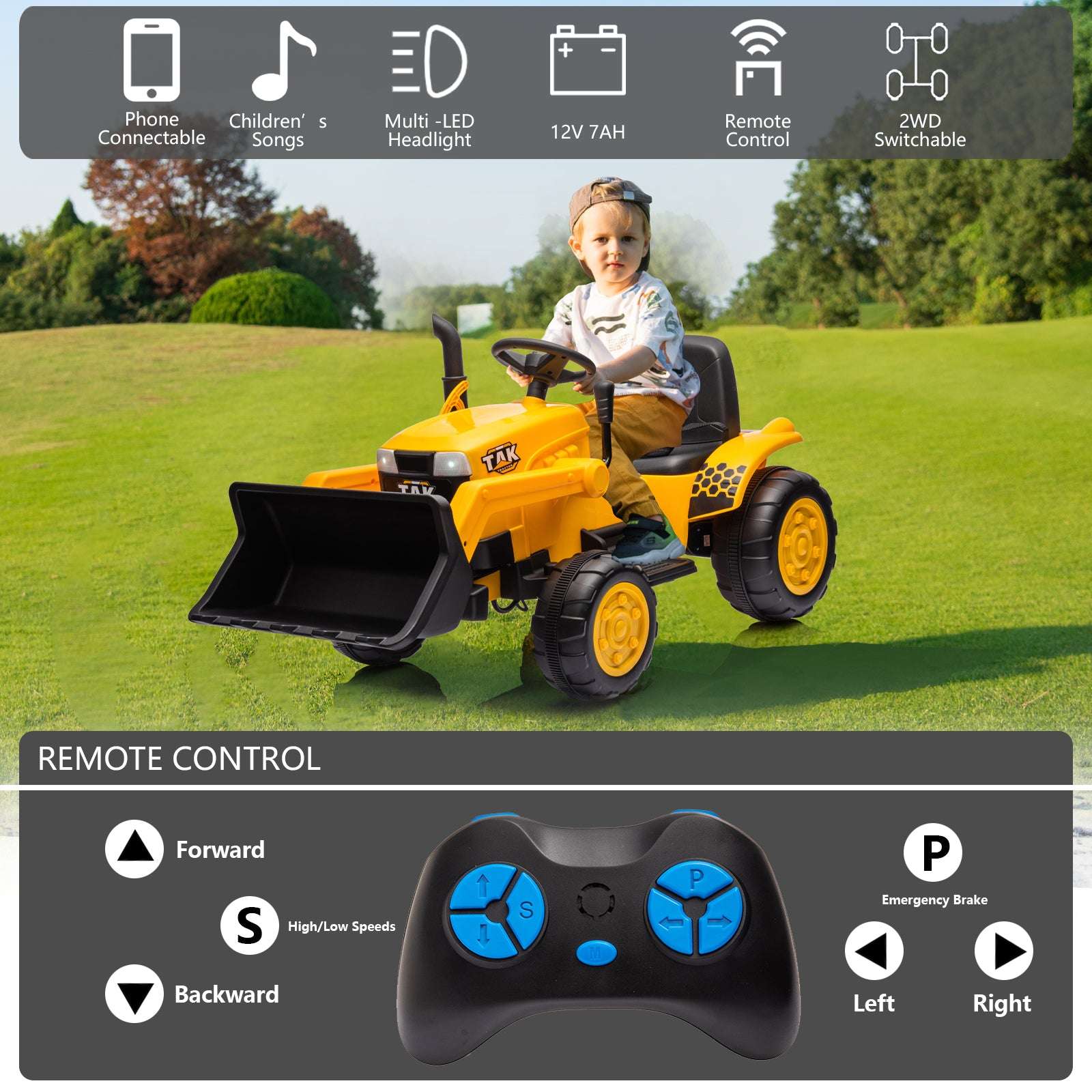12V Kids Ride on Tractor Electric Excavator Battery Powered Motorized Car for Kids Ages 3-6, wiFront th Loader, Digging Handle, Remote Control, & Bright Headlight, Yellow - Free Shipping - Aurelia Clothing