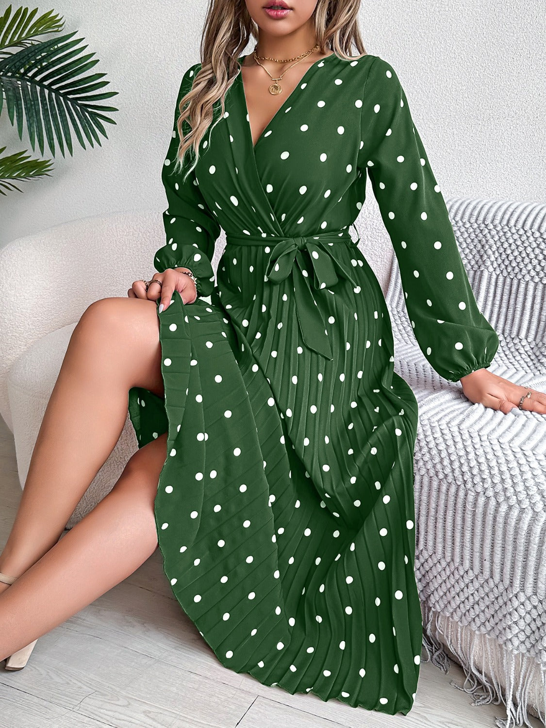 Tied Polka Dot Long Sleeve Midi Dress - Aurelia Clothing