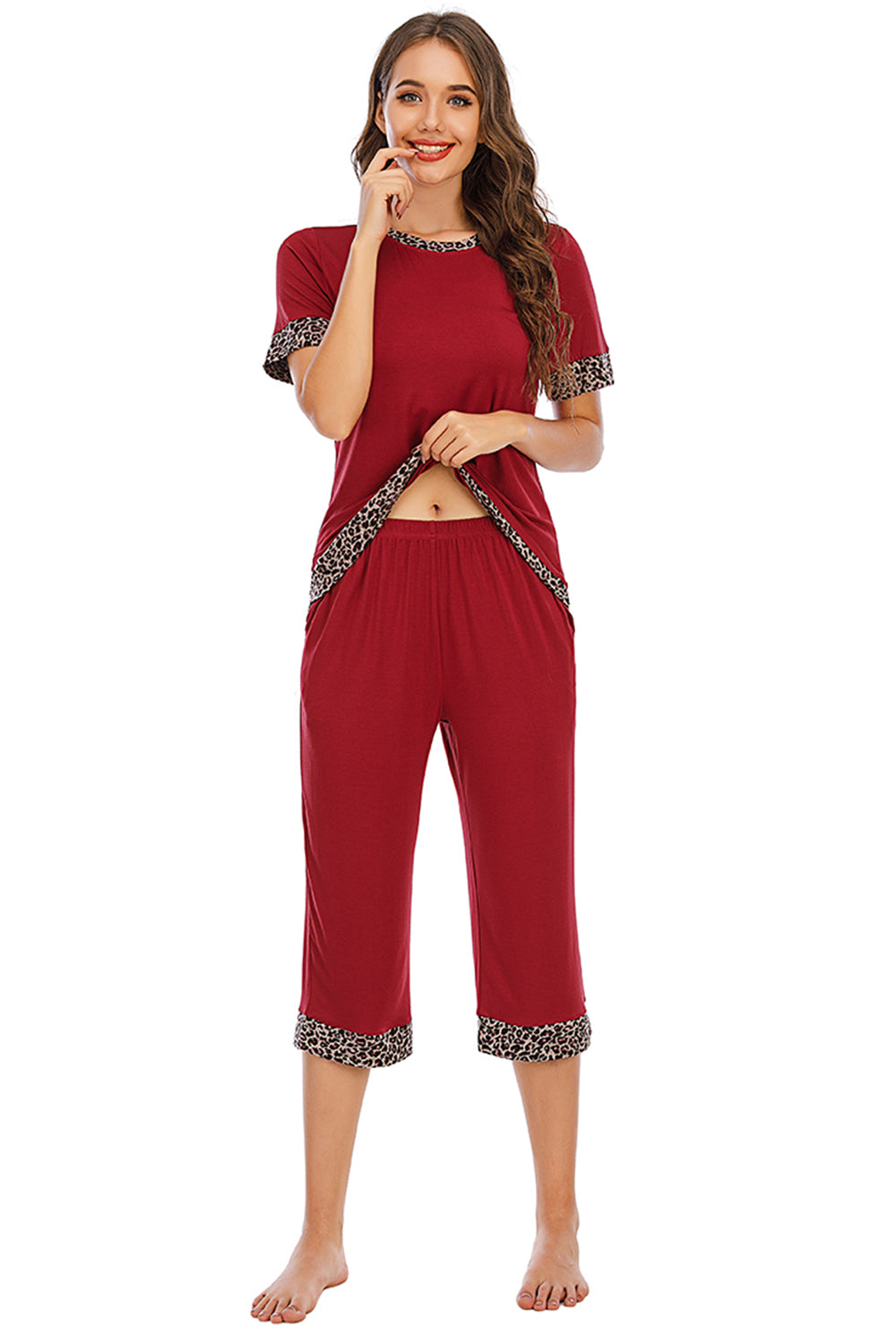 Round Neck Short Sleeve Top and Capris Pants Lounge Set - Aurelia Clothing
