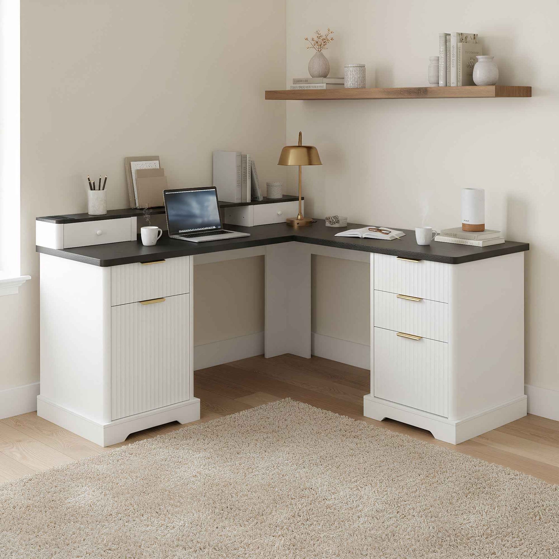 59' Modern Fluted L-Shaped Desk with Charging Station-Free Shipping