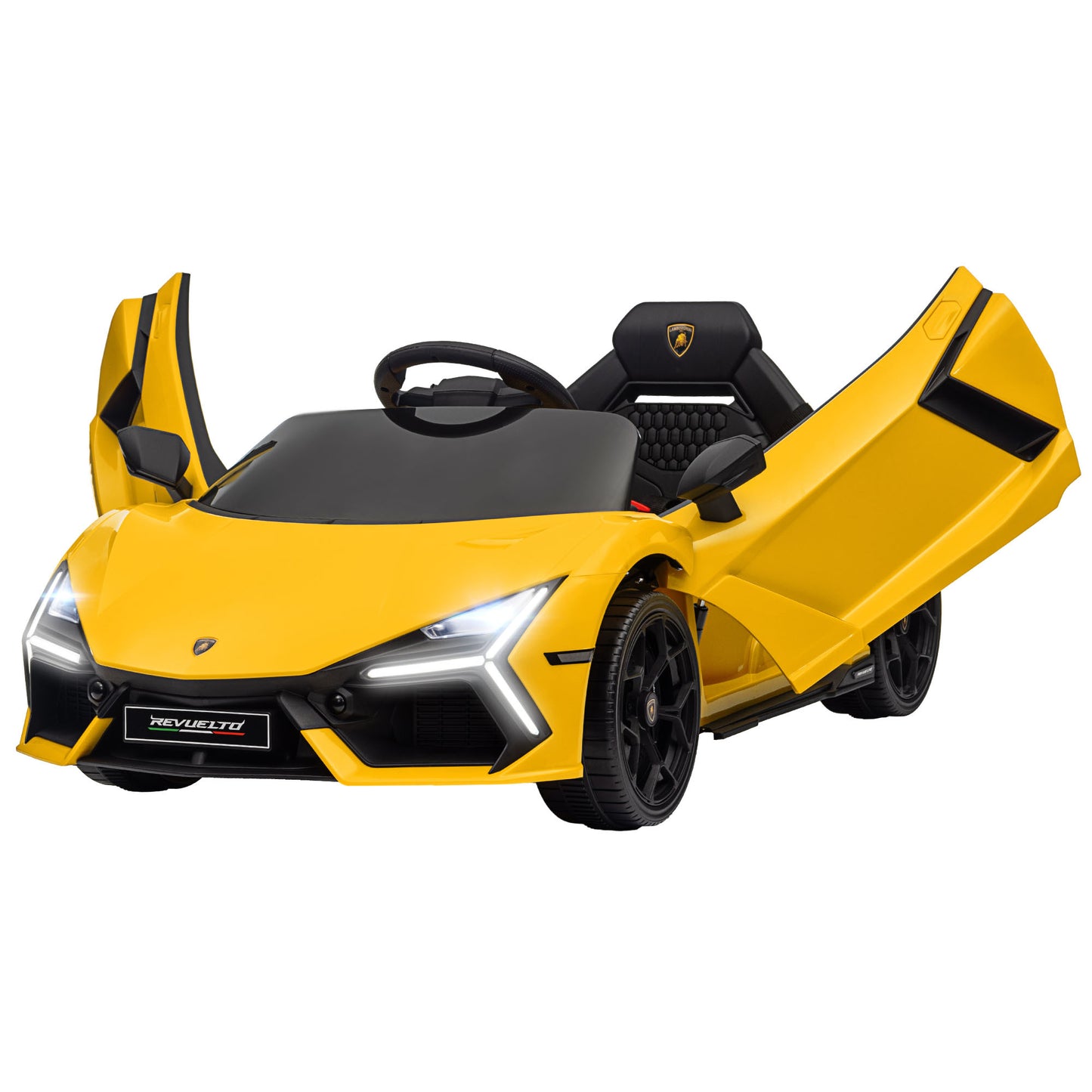 Qaba Lamborghini Revuelto Licensed 12V Kids Electric Car, Battery Powered Ride on Car with Hydraulic Doors, Remote Control, Transport Wheels, Spring Suspension, Music, Lights, 3 Speeds, Yello - Aurelia Clothing