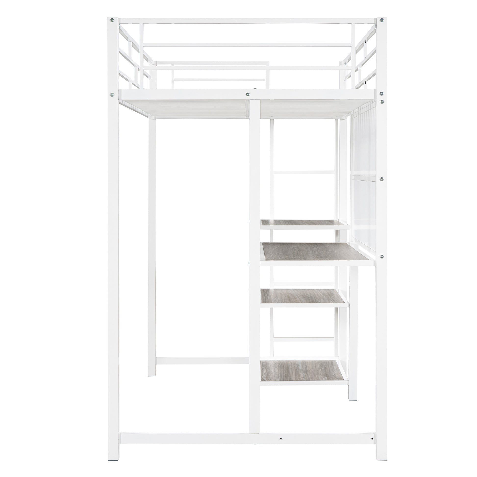 Twin Size Loft Bed with Desk and Whiteboard, Metal Loft Bed with 3 Shelves and Ladder, White - Free Shipping - Aurelia Clothing