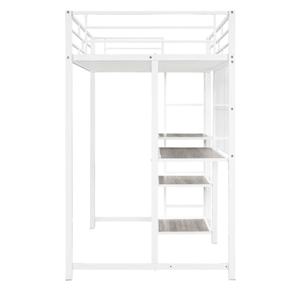 Twin Size Loft Bed with Desk and Whiteboard, Metal Loft Bed with 3 Shelves and Ladder, White - Free Shipping - Aurelia Clothing