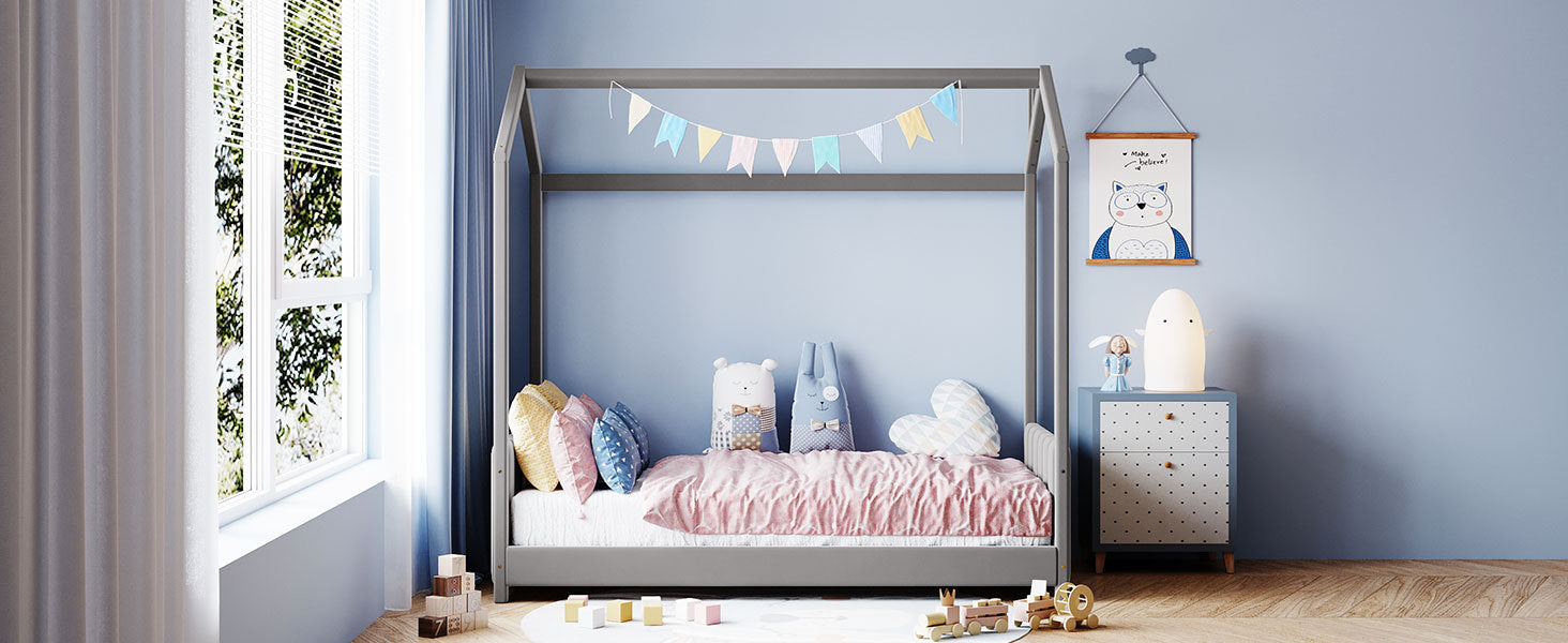 Twin Size Velvet House Bed Wood Bed, Gray - Free Shipping - Aurelia Clothing