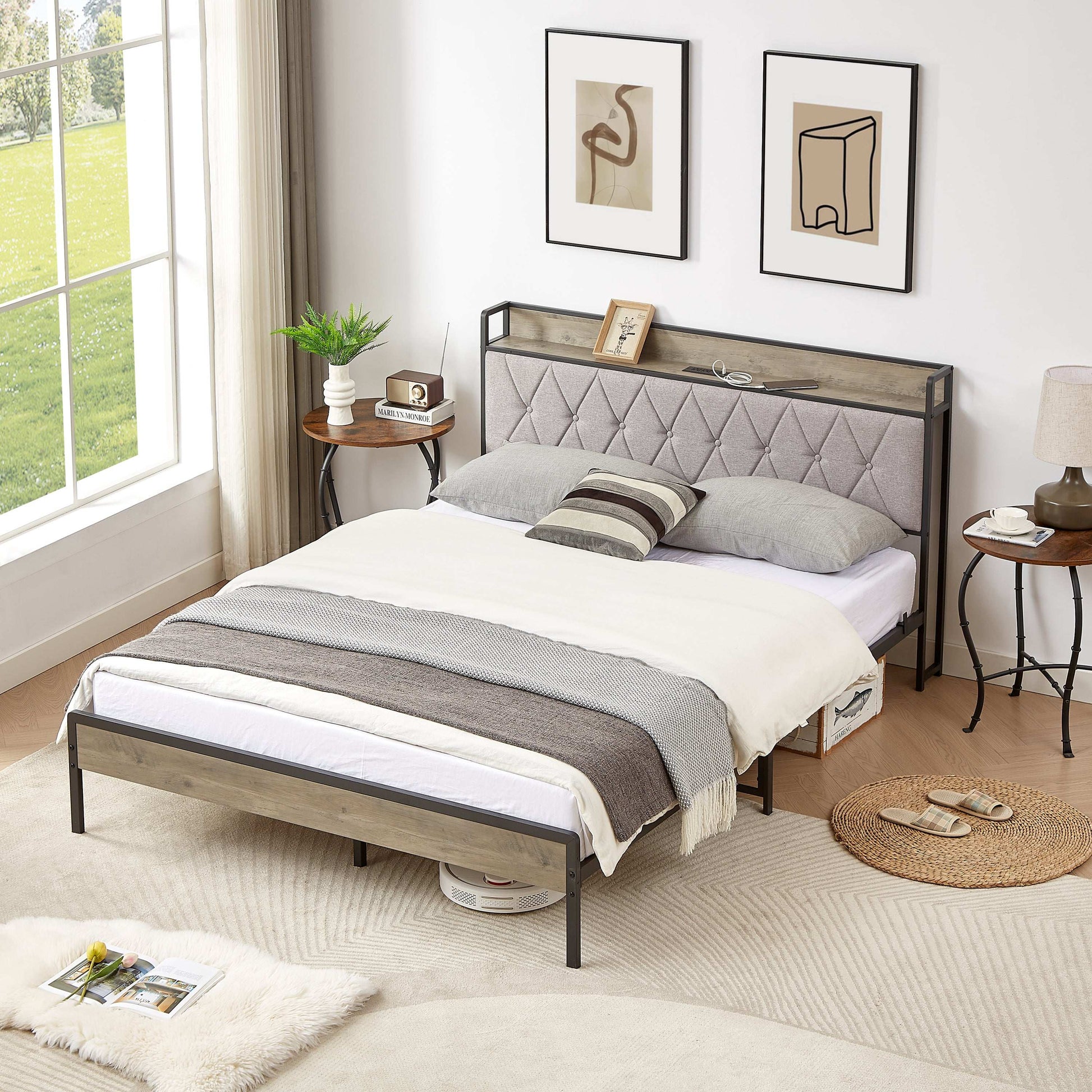 Bed frame with charging station Queen size,Grey, 87.8'' L x 61.8'' W x 39.2'' H. - Free Shipping - Aurelia Clothing