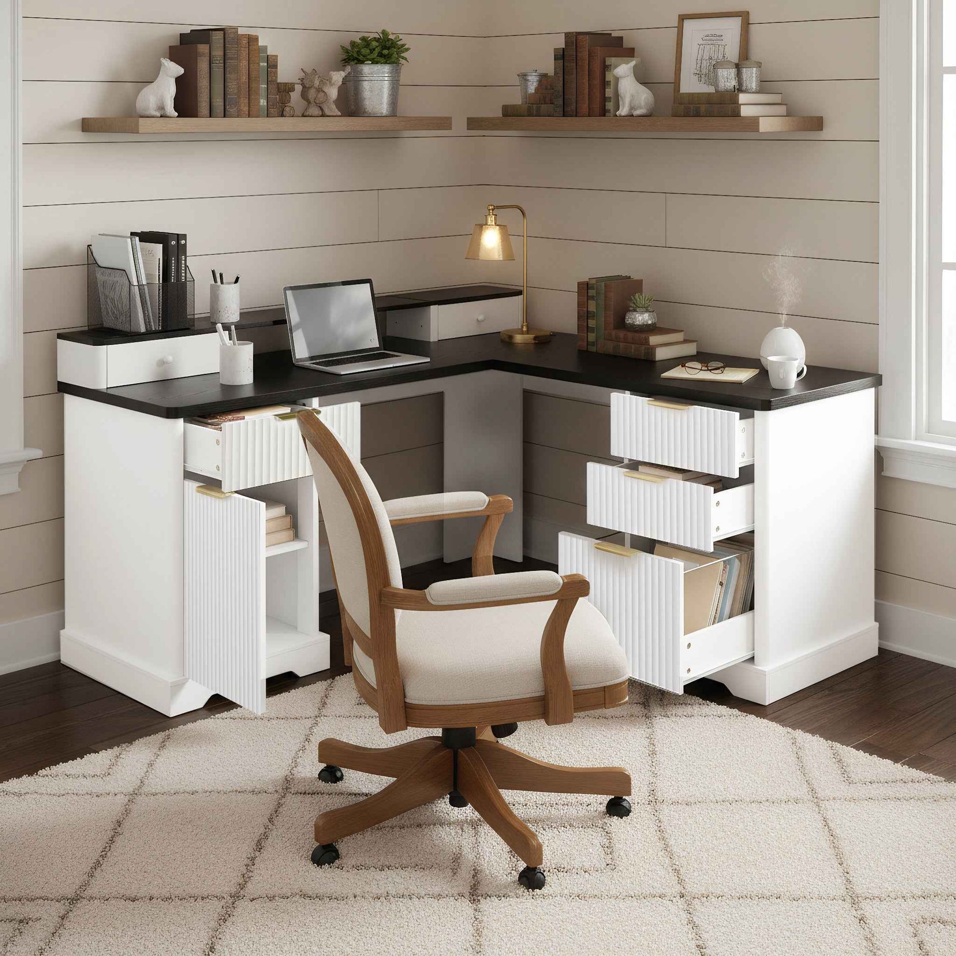 59' Modern Fluted L-Shaped Desk with Charging Station-Free Shipping