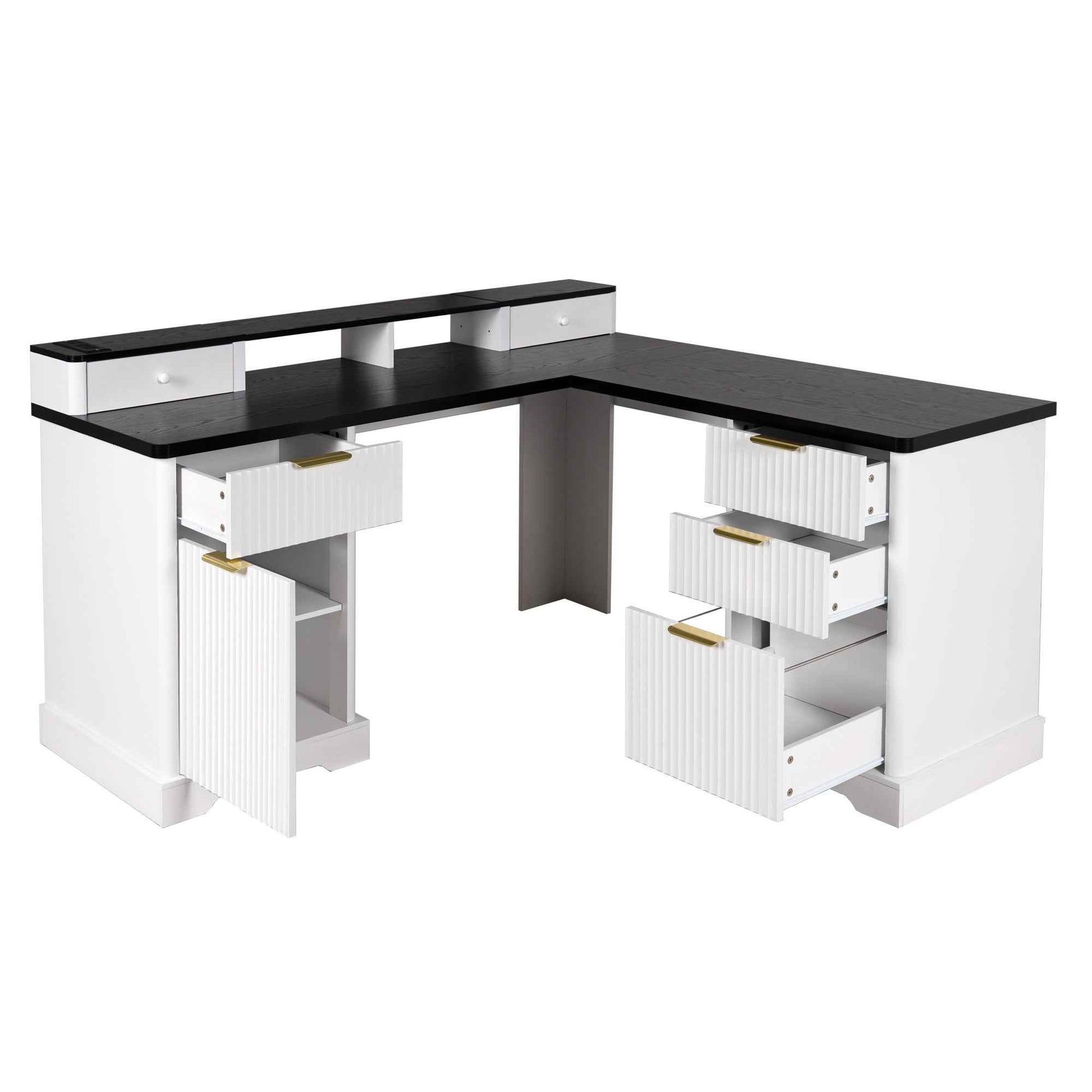 59' Modern Fluted L-Shaped Desk with Charging Station-Free Shipping