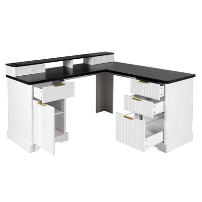 59' Modern Fluted L-Shaped Desk with Charging Station-Free Shipping