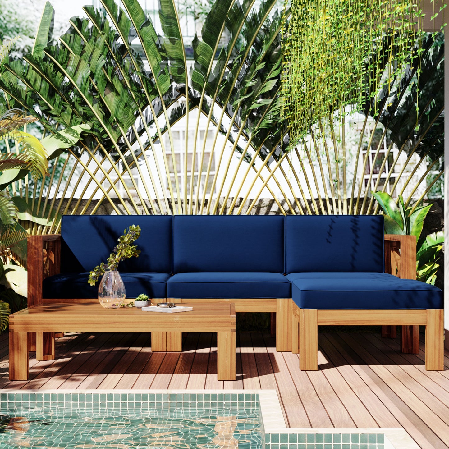 Outdoor Backyard Patio Wood 5-Piece Sectional Sofa Seating-Free Shipping