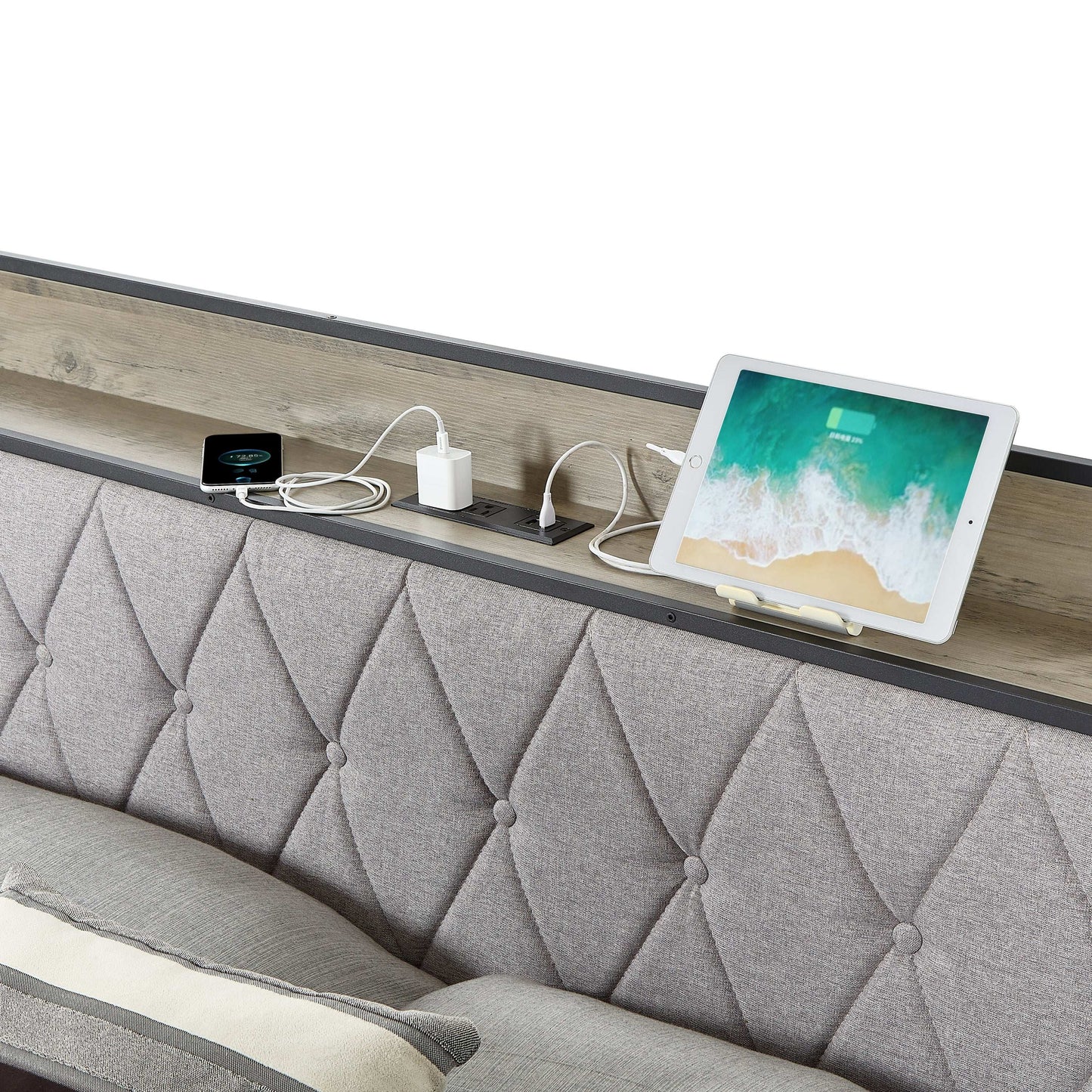 Bed frame with charging station Queen size,Grey, 87.8'' L x 61.8'' W x 39.2'' H. - Free Shipping - Aurelia Clothing