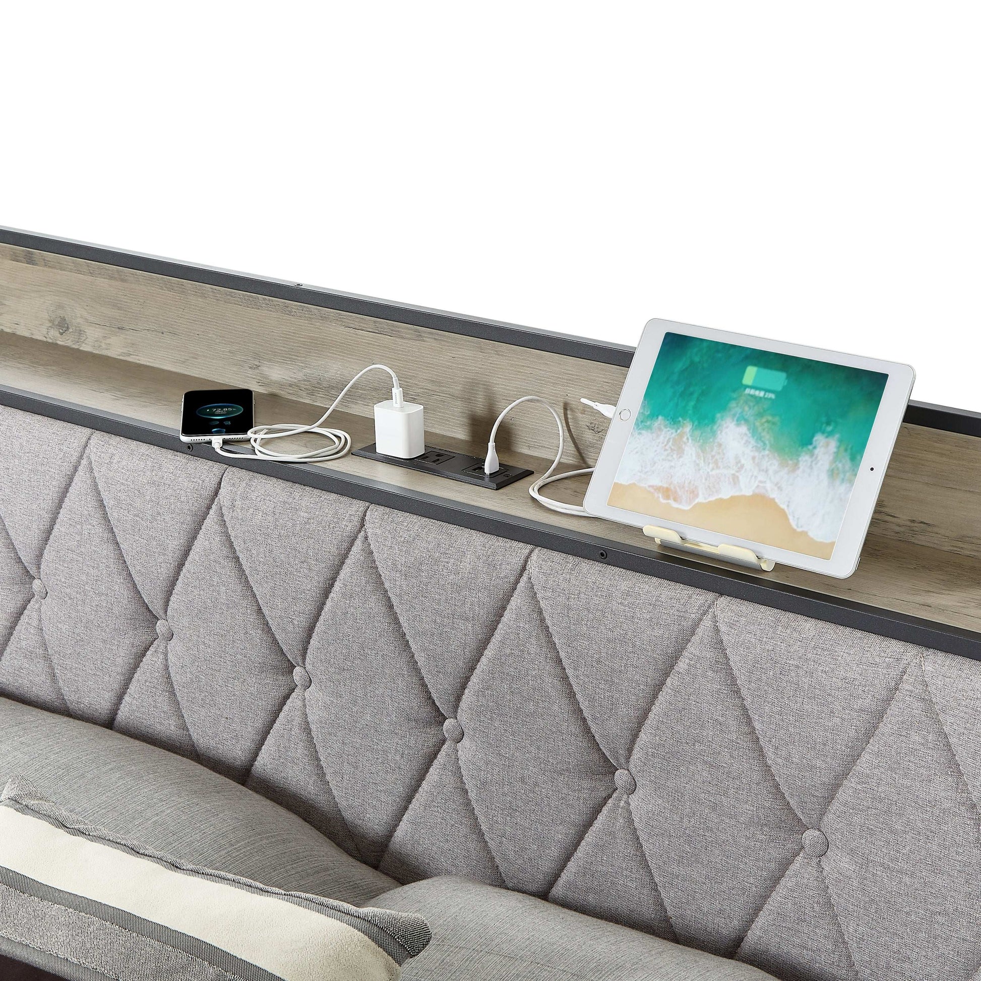 Bed frame with charging station Queen size,Grey, 87.8'' L x 61.8'' W x 39.2'' H. - Free Shipping - Aurelia Clothing