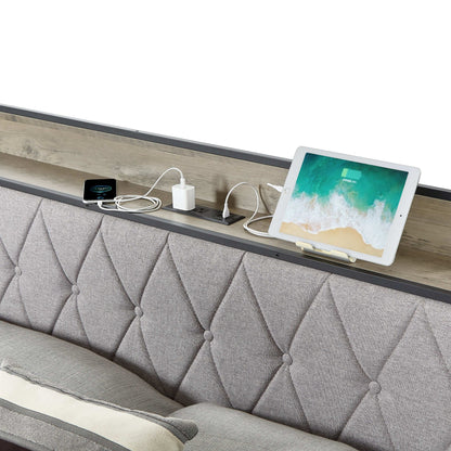 Bed frame with charging station Queen size,Grey, 87.8'' L x 61.8'' W x 39.2'' H. - Free Shipping - Aurelia Clothing
