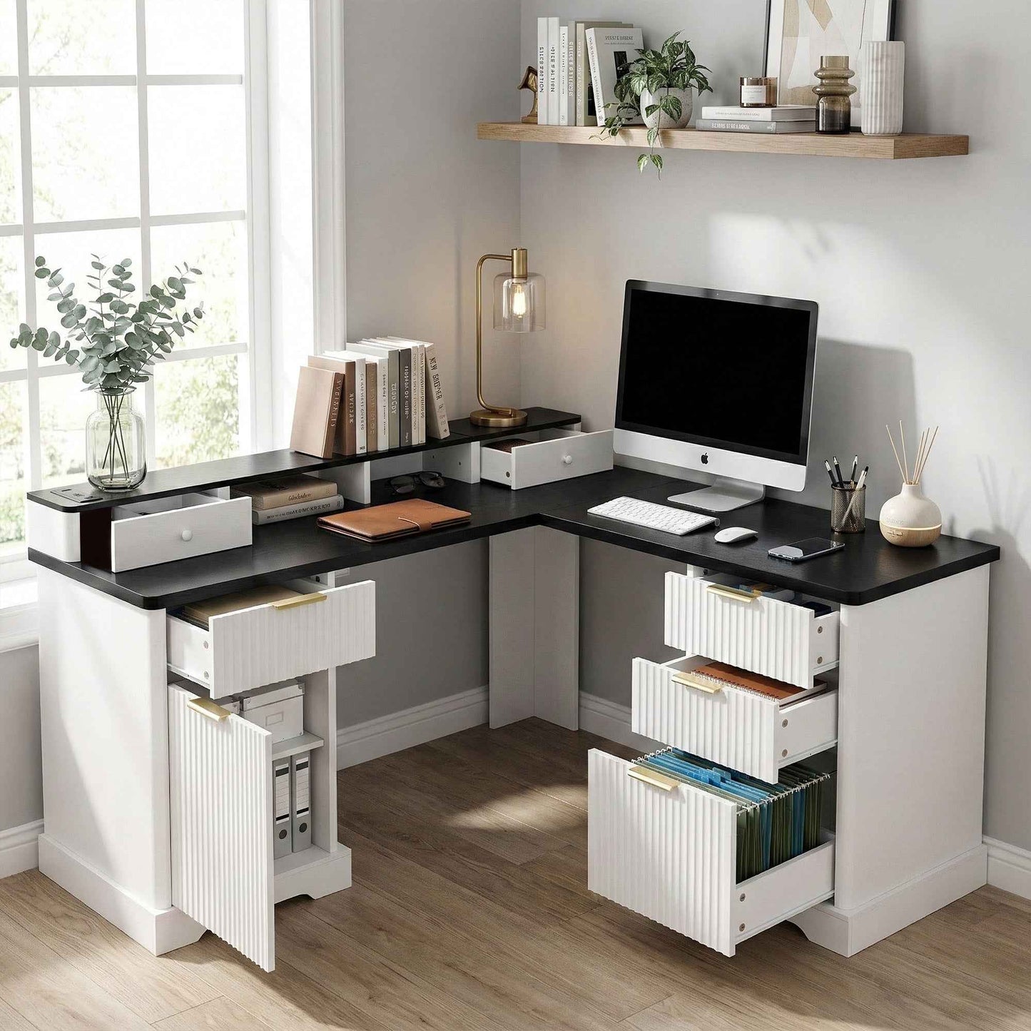 59' Modern Fluted L-Shaped Desk with Charging Station-Free Shipping