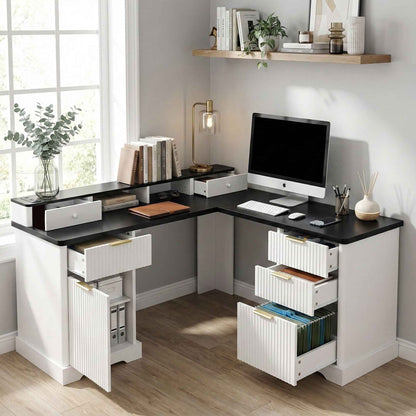 59' Modern Fluted L-Shaped Desk with Charging Station-Free Shipping