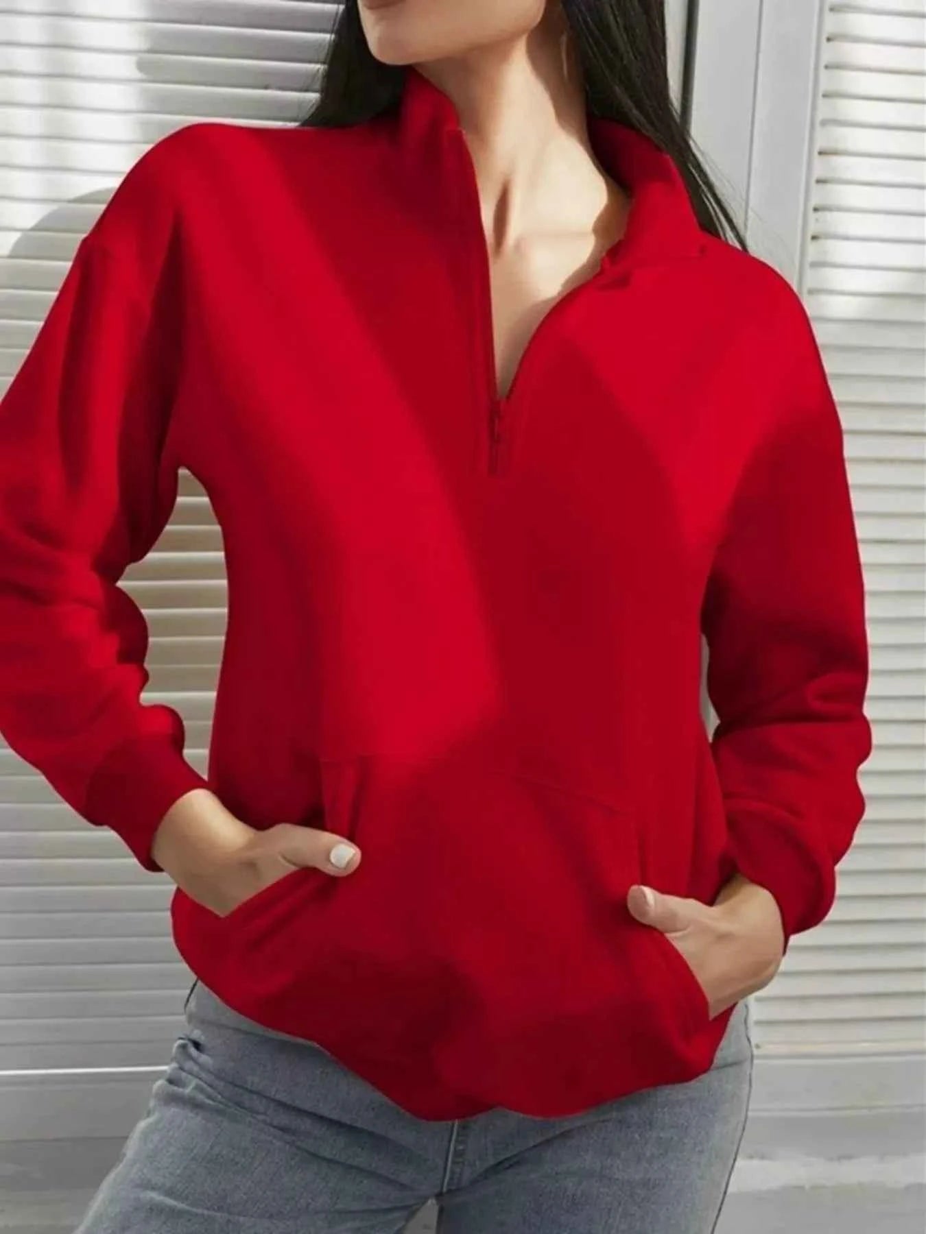 Zip-Up Collar Sweatshirt with Pocket - Free Shipping