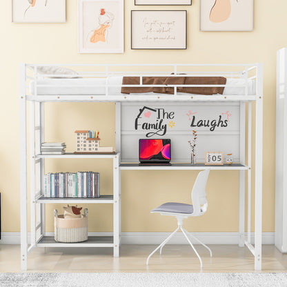 Twin Size Loft Bed with Desk and Whiteboard, Metal Loft Bed with 3 Shelves and Ladder, White - Free Shipping - Aurelia Clothing