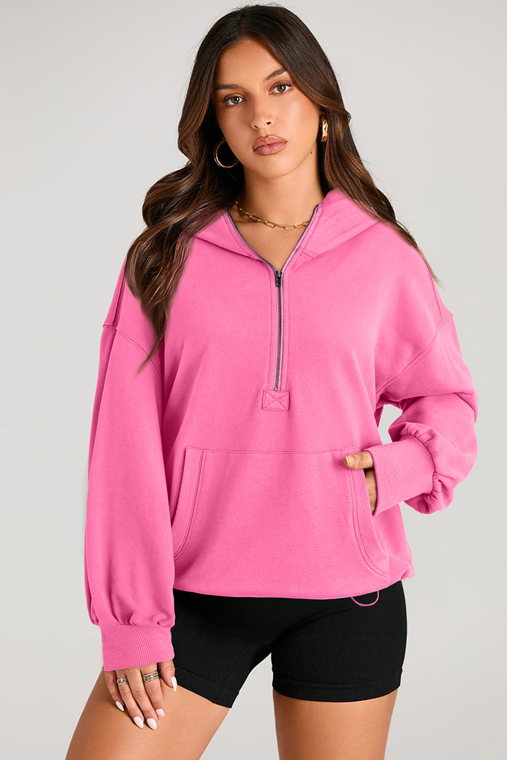 Pocketed Half Zip Long Sleeve Hoodie - Aurelia Clothing