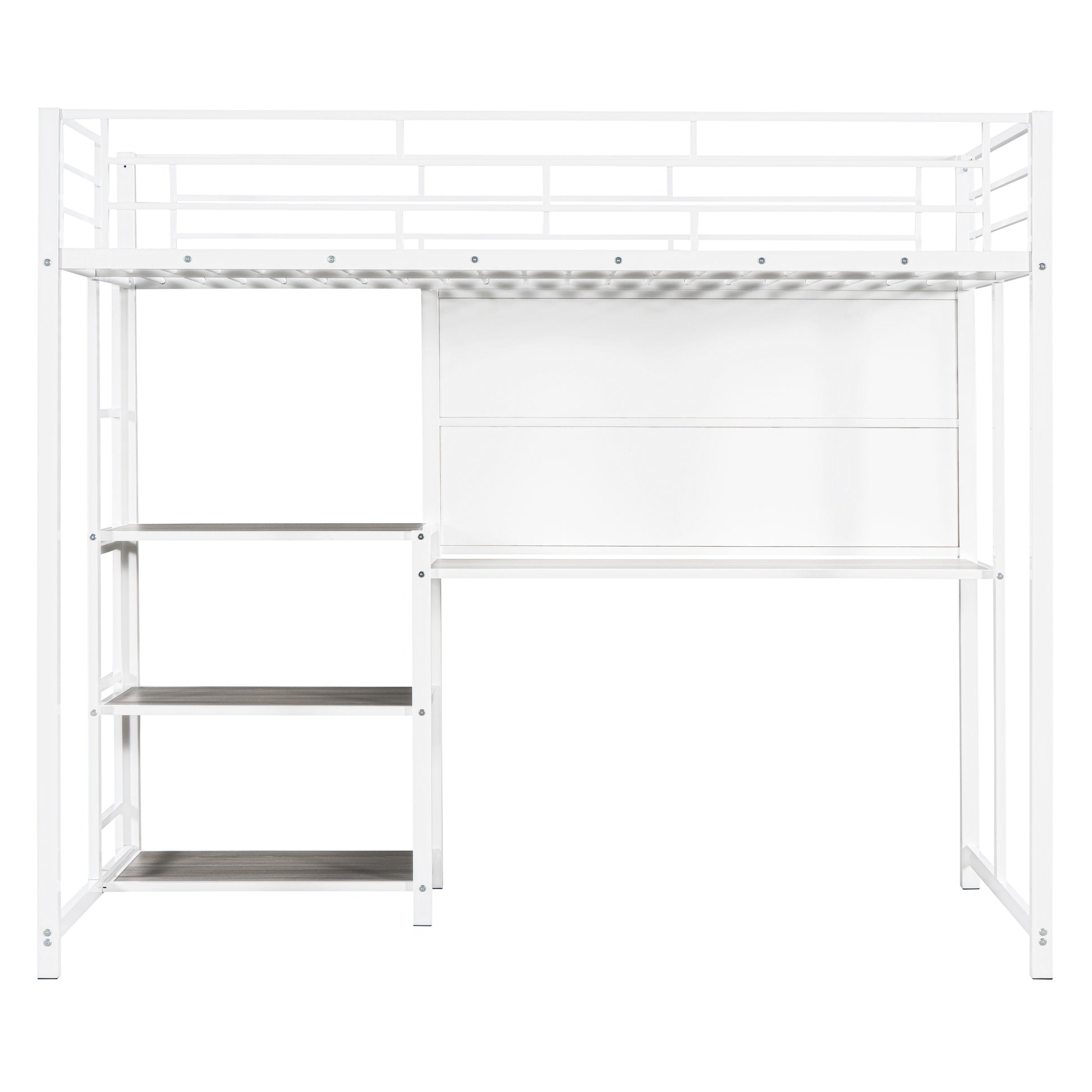 Twin Size Loft Bed with Desk and Whiteboard, Metal Loft Bed with 3 Shelves and Ladder, White - Free Shipping - Aurelia Clothing