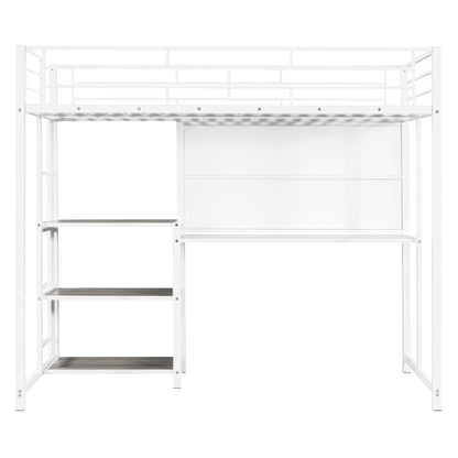Twin Size Loft Bed with Desk and Whiteboard, Metal Loft Bed with 3 Shelves and Ladder, White - Free Shipping - Aurelia Clothing