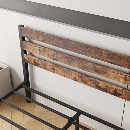 Queen Size Platform Bed Frame with Rustic Vintage Wood Headboard, Strong Metal Slats Support Mattress Foundation, No Box Spring Needed Rustic Brown - Free Shipping - Aurelia Clothing