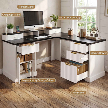 59' Modern Fluted L-Shaped Desk with Charging Station-Free Shipping